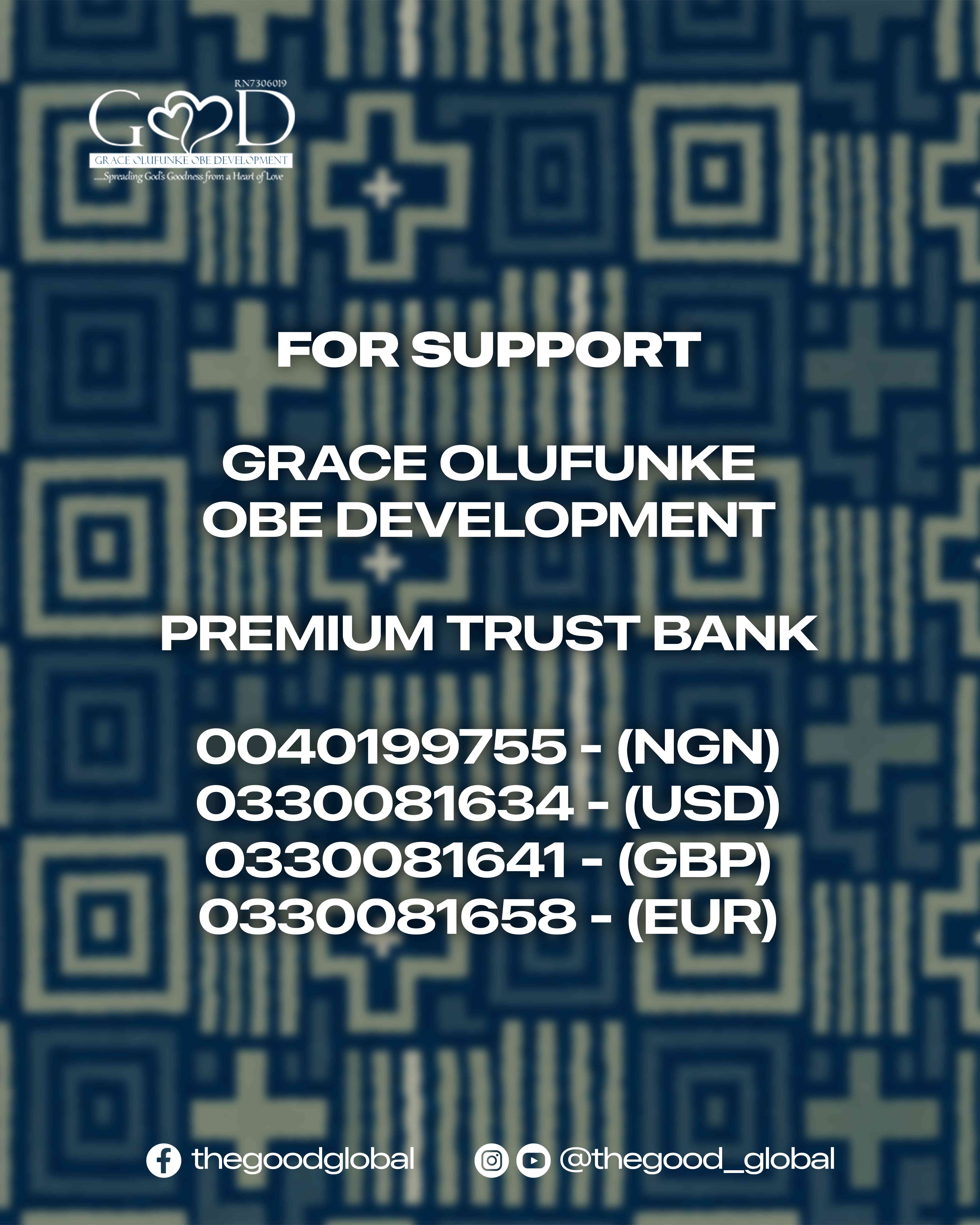 GOOD support graphic with Premium Trust Bank donation account details