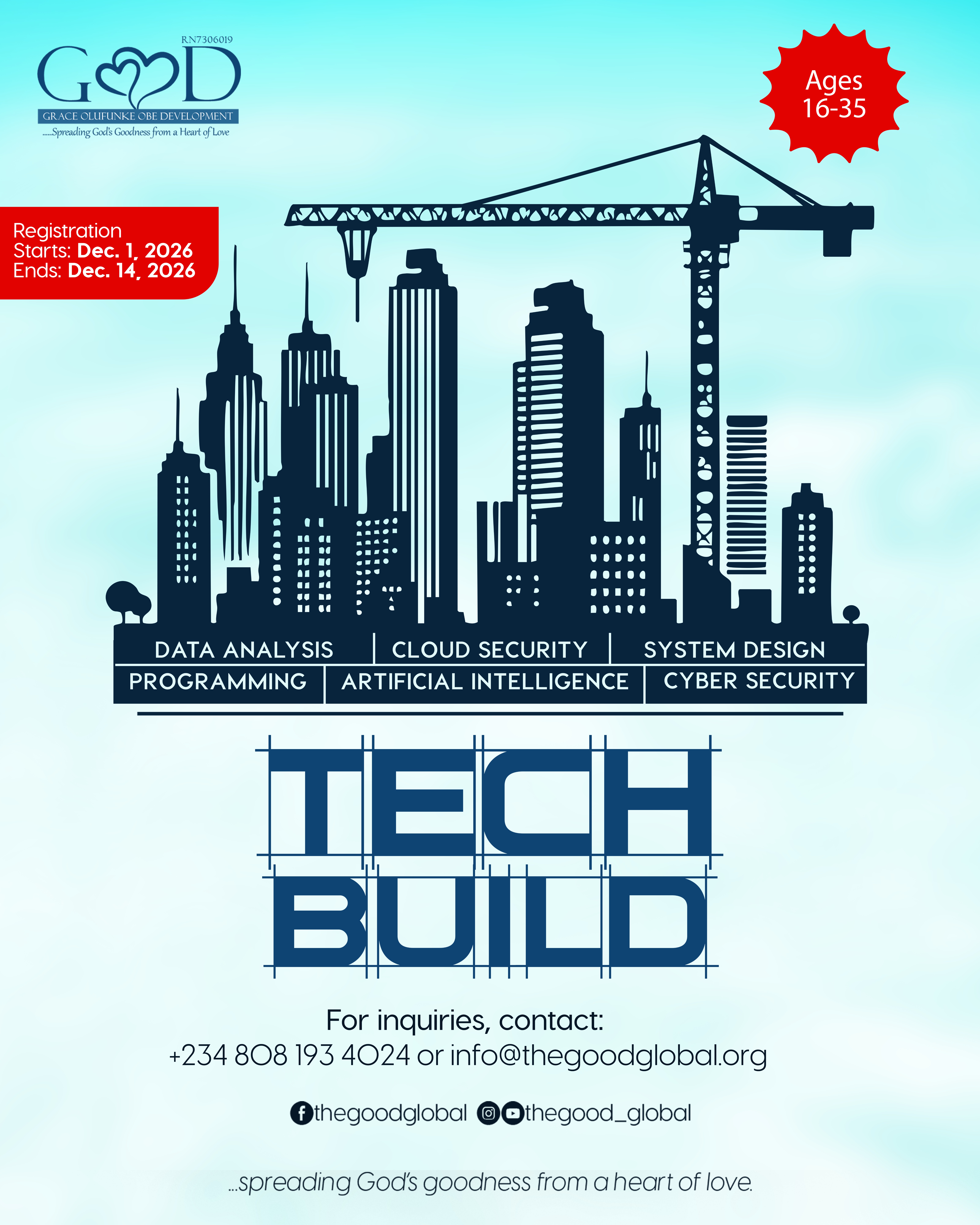 GOOD Tech Build flyer for ages 16 to 35, featuring technology career tracks and registration dates